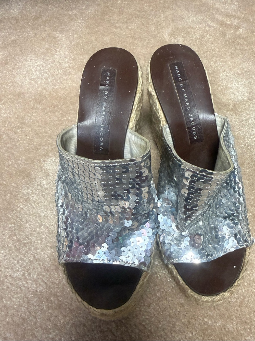 Marc by Marc Jacobs Silver Sequin Espadrille Wedge Slide Sandals